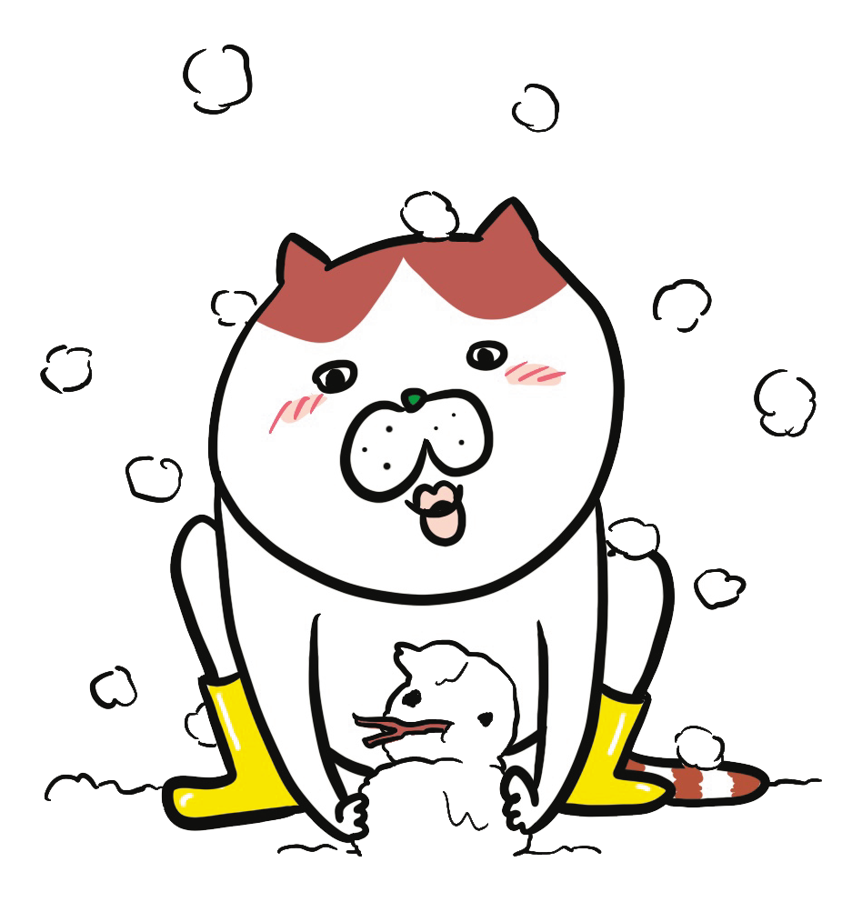 ねこ山ニャがしゃがみながら。アヒルっぽい形の雪ダルマを作っているイラスト